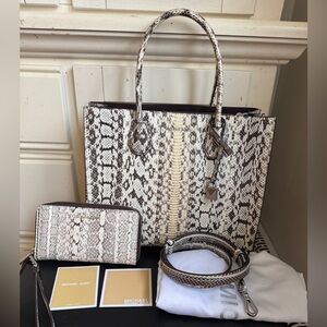 Set of 2 Michael Kors Snakeskin tote with Matching Long Wallet Shoulder Strap